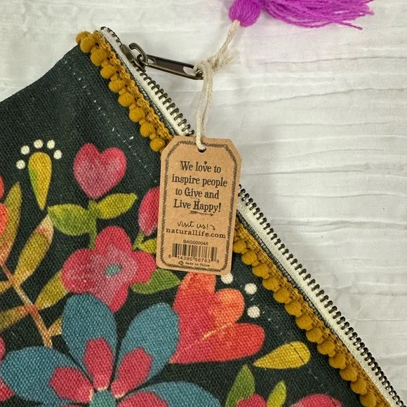 natural life Charcoal Gray Pink Blue Gold Floral Canvas Cosmetic Pencil Pouch - Picture 9 of 9